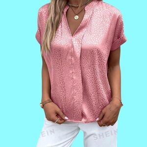 SHEIN Business Casual Blush Pink Silk Notched V Neck Batwing Sleeve Top Size L